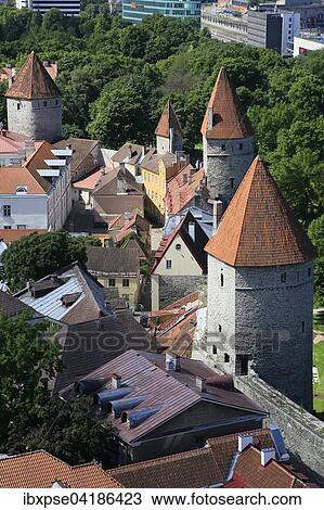 Linnamuur town wall in the west of the Lower Town, from the tower of St. Olaf's Church, Oleviste Kirik, Tallinn, Estonia, Europe View Large Photo Image Stock Image - Linnamuur town wall in the west of the Lower Town, from the tower of St. Olaf's Church, Oleviste Kirik, Tallinn, Estonia, Europe. Fotosearch