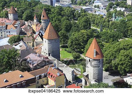 Linnamuur town wall in the west of the Lower Town, from the tower of St. Olaf's Church, Oleviste Kirik, Tallinn, Estonia, Europe View Large Photo Image Stock Photography - Linnamuur town wall in the west of the Lower Town, from the tower of St. Olaf's Church, Oleviste Kirik, Tallinn, Estonia, Europe. Fotosearch