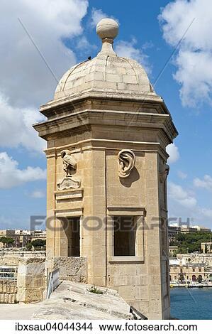 Picture - Lookout point, watch tower decorated with a pelican and an ear, Senglea, Valletta, Malta, Europe. Fotosearch
