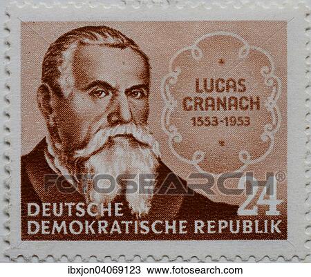 Stock Image - Lucas Cranach the Elder, a German Renaissance painter and printmaker, portrait on a stamp, GDR, 1953. Fotosearch