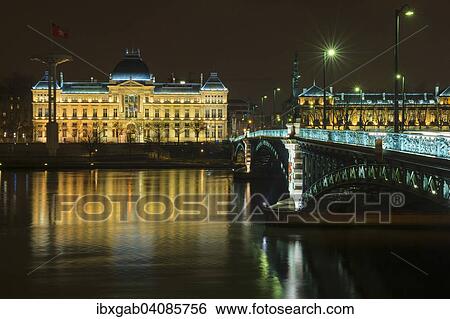 Lyon University and University Bridge, Pont de l'Universite, at night, Lyon, Rhone-Alpes, France, Europe View Large Photo Image Stock Photograph - Lyon University and University Bridge, Pont de l'Universite, at night, Lyon, Rhone-Alpes, France, Europe. Fotosearch