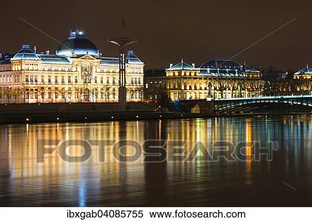 Lyon University and University Bridge, Pont de l'Universite, at night, Lyon, Rhone-Alpes, France, Europe View Large Photo Image Stock Photography - Lyon University and University Bridge, Pont de l'Universite, at night, Lyon, Rhone-Alpes, France, Europe. Fotosearch