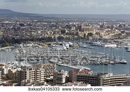 Marina and historic centre, view from Castell de Bellver, Palma de Mallorca, Majorca, Balearic Islands, Spain, Europe View Large Photo Image Stock Image - Marina and historic centre, view from Castell de Bellver, Palma de Mallorca, Majorca, Balearic Islands, Spain, Europe. Fotosearch