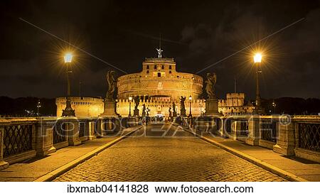 Stock Photo - Mausoleum of Hadrian or Castel Sant'Angelo and Ponte Sant'Angelo at night, Rome, Lazio, Italy, Europe. Fotosearch