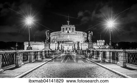 Stock Photo - Mausoleum of Hadrian or Castel Sant'Angelo and Ponte Sant'Angelo at night, Rome, Lazio, Italy, Europe. Fotosearch