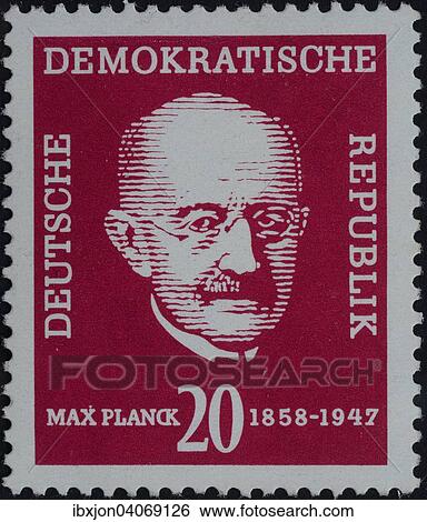 Stock Photograph - Max Planck, a German theoretical physicist, quantum theory, Nobel Prize in Physics in 1918, portrait on a stamp, GDR, 1958. Fotosearch
