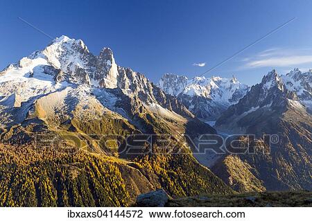 Stock Image - Mer de Glace glacier surrounded by peaks of Mont Blanc, Chamonix, Rhone-Alpes, France, Europe. Fotosearch
