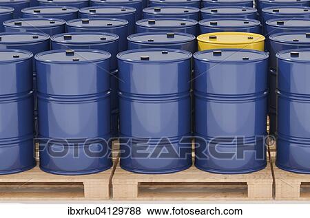 Stock Photo - Metal barrels on pallets, many blue and a single yellow. Fotosearch