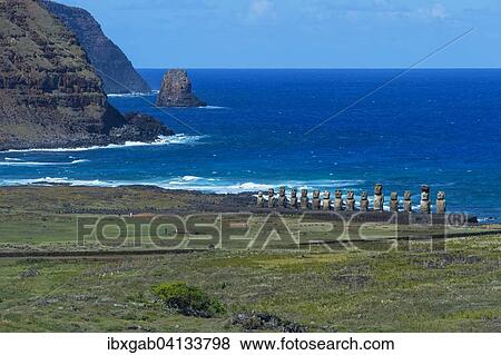 Stock Photo - Moais at Ahu Tongariki, Rapa Nui National Park, Unesco World Heritage Site, Easter Island, Chile, South America. Fotosearch