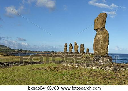 Stock Photo - Moais at the Tahai ceremonial complex, Hanga Roa, Rapa Nui National Park, Unesco World Heritage Site, Easter Island, Chile, South America. Fotosearch