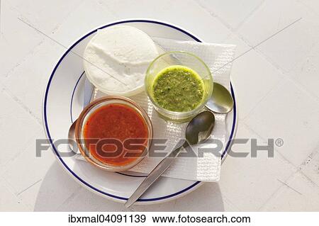 Stock Photo - Mojo rojo, mojo verde, red and green sauce, and mojo de queso, white cream cheese, La Gomera, Canary Islands, Spain, Europe. Fotosearch