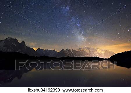 Mont Blanc massif at night with the Milky Way, reflected in Lac de Chesserys, Aiguilles de Chamonix on the left, Montblanc on the right, Chamonix, France, Europe View Large Photo Image Stock Image - Mont Blanc massif at night with the Milky Way, reflected in Lac de Chesserys, Aiguilles de Chamonix on the left, Montblanc on the right, Chamonix, France, Europe. Fotosearch