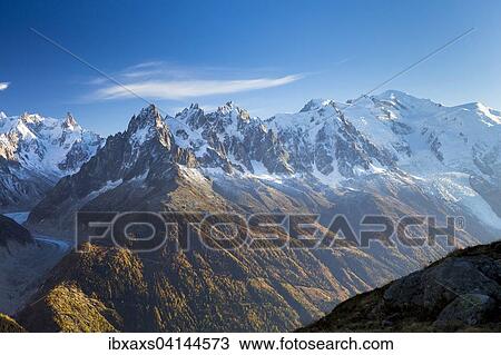 Stock Image - Mont Blanc with the Mont Blanc massif, Chamonix, Rhone-Alpes, France, Europe. Fotosearch