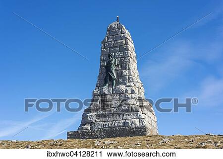 Stock Image - Monument to the Blue Devils, Diables Bleus, mountaineer battalion in World War I, erected in 1927 on the Grand Ballon, the highest mountain in the Vosges, Soultz-Haut-Rhin, Alsace, France, Europe. Fotosearch