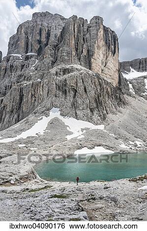 Stock Photograph - Mountain Cima Pisciadu, 2985m, glacier lake, view from the Pisciadu Refuge, Sella group, Val Gardena Dolomites, South Tyrol, Trentino-Alto Adige, Italy, Europe. Fotosearch