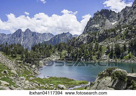 Picture - Mountain lake along the hiking trail to Refugi d'Amitges, Espot, Catalonia, Spain, Europe. Fotosearch
