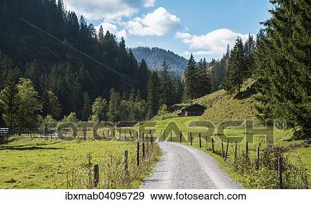 Stock Photo - Mountain landscape with alpine cabin, Valepp valley, Spitzingsee, Bavaria, Germany, Europe. Fotosearch