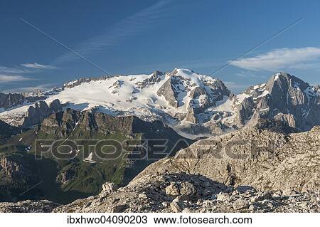 Stock Image - Mt Marmolada, 3343 m, view from the Sella Massif, Dolomites, Livinallongo del Col di Lana, Trentino, Veneto, Italy, Europe. Fotosearch