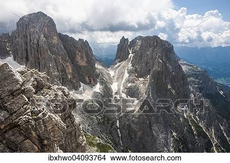 Picture - Mt Pala di San Martino, 2987 m, on the right Mt Cima di Val di Roda, 2791 m, Pala group, Dolomites, Siror, Trentino-Alto Adige, Italy, Europe. Fotosearch