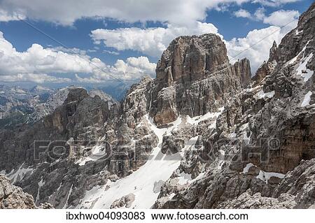 Stock Image - Mt Piz Popena, 3152 m, at the back Monte Cristallo, 2786 m, Cristallo group, Ampezzo Dolomites, Cortina d'Ampezzo, Province of Belluno, Veneto, Italy, Europe. Fotosearch