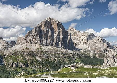 Stock Photo - Mt Tofana di Rozes, 3225 m, at the front the mountain station of the 5 Torri chair lift, Dolomites, Cortina d'Ampezzo, Veneto, Italy, Europe. Fotosearch