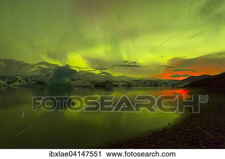 Northern lights above the lake Jokulsarlon, Hornafjorour, Austurland, Iceland, Europe View Large Photo Image Stock Image - Northern lights above the lake Jokulsarlon, Hornafjorour, Austurland, Iceland, Europe. Fotosearch