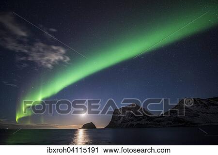 Stock Image - Northern Lights, moonlight beach of Haukland, Lofoten, Norway, Europe. Fotosearch