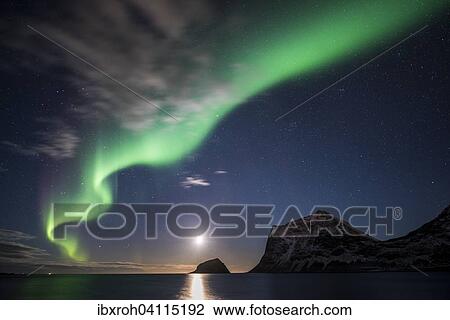 Stock Image - Northern Lights, moonlight beach of Haukland, Lofoten, Norway, Europe. Fotosearch