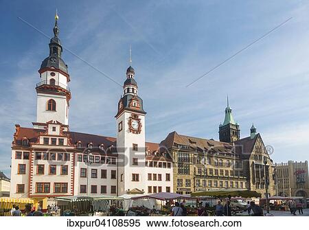 Stock Photography - Old and new town hall, town hall tower, market stalls, Chemnitz, Saxony, Germany, Europe. Fotosearch