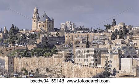 Stock Photo - Old City of Jerusalem and the city wall, Dormotio Church and Zion Gate, Jerusalem, Israel, Asia. Fotosearch