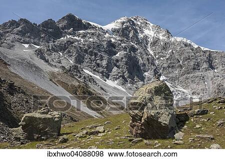 Stock Photo - Ortler, 3905 m, from the Morosini Trail, trail No. 3, next to it the Schuckrinne, Marltgrat right, left Hintergrat, Solda, region of Trentino-Alto Adige, Italy, Europe. Fotosearch