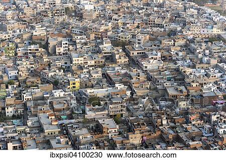 Stock Image - Overlooking the Old Town of Jaipur, from Madhavendra Palace, Rajasthan, India, Asia. Fotosearch