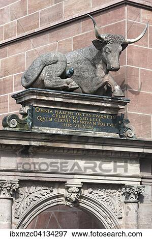 Ox sculpture from 1599 on the Fleischbrucke bridge, Nuremberg, Middle Franconia, Bavaria, Germany, Europe View Large Photo Image Stock Photo - Ox sculpture from 1599 on the Fleischbrucke bridge, Nuremberg, Middle Franconia, Bavaria, Germany, Europe. Fotosearch