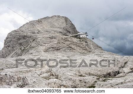 Stock Photography - Pale di San Martino plateau, Mt Rosetta, 2743 m, with the cable car station of San Martino di Castrozza, Pala group, Dolomites, Siror, Trentino-Alto Adige, Italy, Europe. Fotosearch