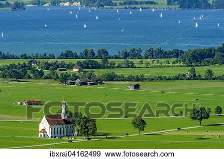 Stock Photo - Pilgrimage Church of St. Coloman, lake Forggensee, Schwangau, Schwanengau plain, Konigswinkel, Ostallgau, Allgau, Swabia, Bavaria, Germany, Europe. Fotosearch
