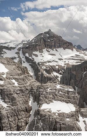 Stock Image - Plateau of the Sella Group, at the back its highest peak Piz Boe, Boespitze, 3152 m, view from the summit of Mt Cima Pisciadu, Dolomites, South Tyrol, Trentino-Alto Adige, Italy, Europe. Fotosearch