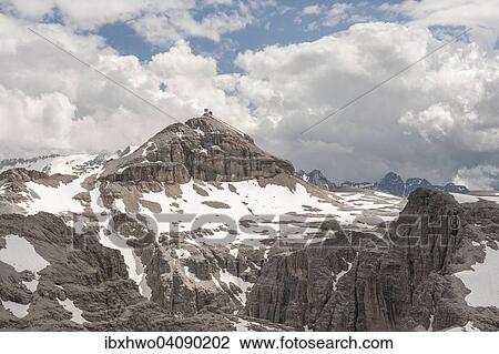 Stock Image - Plateau of the Sella Group, at the back its highest peak Piz Boe, Boespitze, 3152 m, view from the summit of Mt Cima Pisciadu, Dolomites, South Tyrol, Trentino-Alto Adige, Italy, Europe. Fotosearch