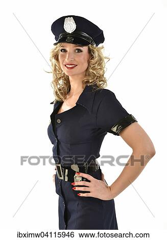 Stock Photograph - Policewoman in American police uniform, costume. Fotosearch