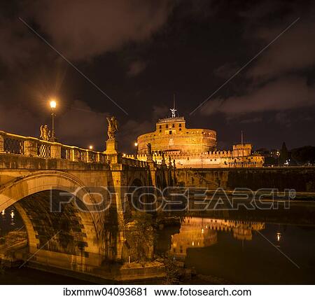 Stock Image - Ponte Sant'Angelo and Castel Sant'Angelo at night, Tiber River, Tevere, Rome, Lazio, Italy, Europe. Fotosearch