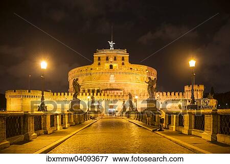 Stock Photo - Ponte Sant'Angelo and Castel Sant'Angelo at night, Rome, Lazio, Italy, Europe. Fotosearch