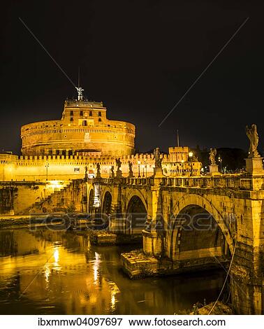 Stock Photo - Ponte Sant'Angelo and Castel Sant'Angelo at night, Rome, Lazio, Italy, Europe. Fotosearch