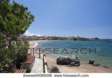 Stock Photograph - Promenade and beach, Stoupa, Mani Peninsula, Peloponnese, Greece, Europe. Fotosearch