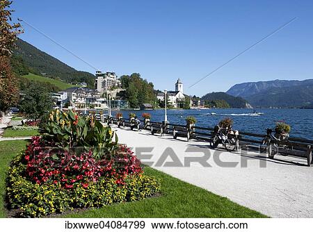 Stock Photo - Promenade, Wolfgangsee Lake, St. Wolfgang, Salzkammergut, Upper Austria, Austria, Europe. Fotosearch