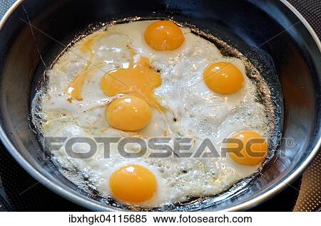 Stock Photography - Quail eggs being fried in a pan. Fotosearch