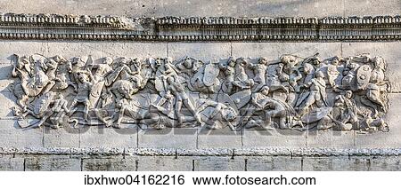 Stock Photograph - Relief image, Gaul battle of the Romans, detail at the Roman arc of the city foundation, 1st century BC, sandstone, Orange, Provence-Alpes-Cote d'Azur, France, Europe. Fotosearch