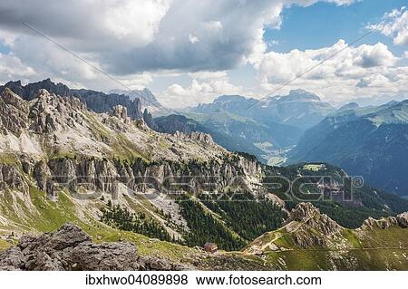 Stock Photo - Rosengarten group, Rotwand hut, Refuge Roda di Vael at the front, Sella group at the back, Dolomites, Vigo di Fassa, South Tyrol, Trentino-Alto Adige, Italy, Europe. Fotosearch