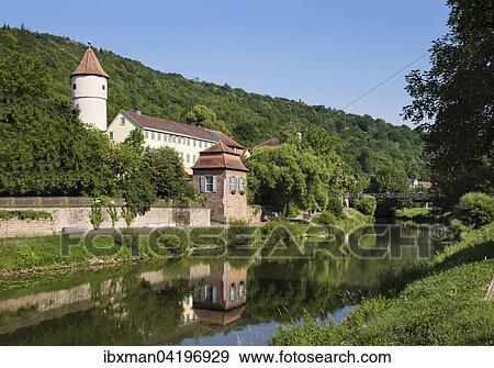 Stock Photo - Roter Turm tower next to Faultor gate, river Tauber, Wertheim, Tauberfranken, Baden-Wurttemberg, Germany, Europe. Fotosearch