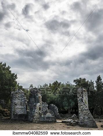 Stock Photo - Ruins of the church of Santa Maria di Riscamone against a dramatic sky, Valle di-Rostino, Haute-Corse, Corsica, France, Europe. Fotosearch