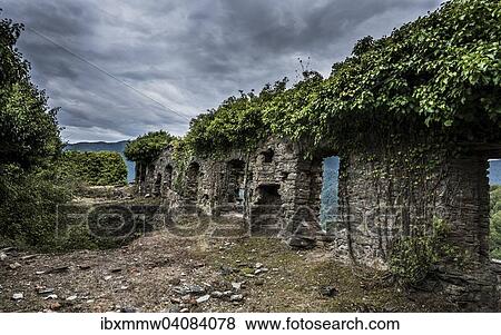 Stock Photo - Ruins of the church of Santa Maria di Riscamone against dramatic sky, Valle di-Rostino, Haute-Corse, Corsica, France, Europe. Fotosearch