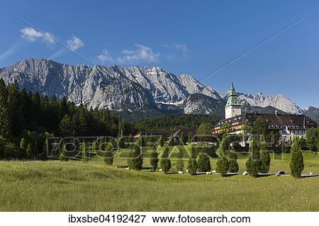 Schloss Elmau Castle Hotel Wetterstein Mountains Klais Krun Werdenfelser Land Upper Bavaria Bavaria Germany Europe Stock Photo - 